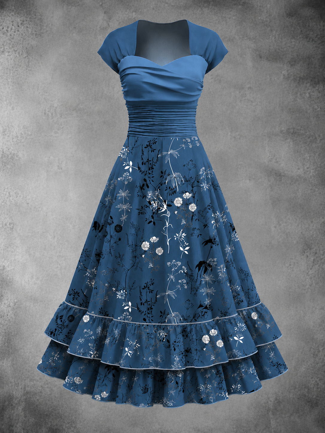 Floral Art Print Vintage Short Sleeve Midi Dress