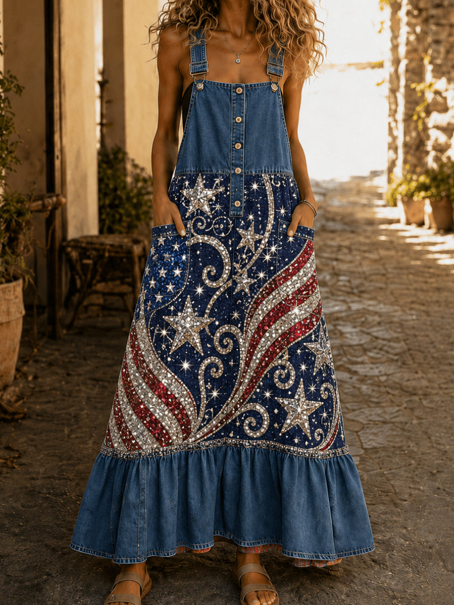Women's Retro Art Print American Style Midi Dress