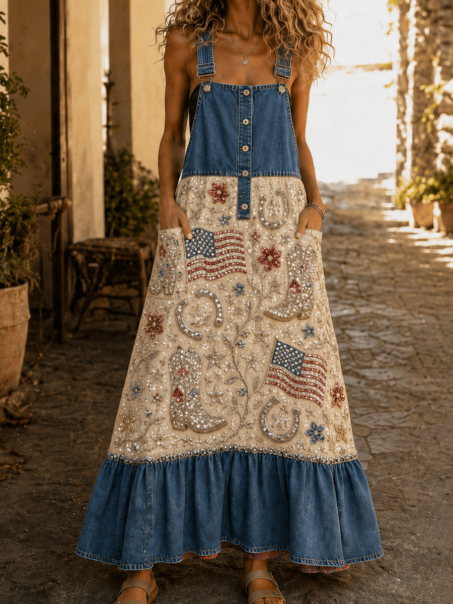 Women's Retro Art Print American Style Midi Dress