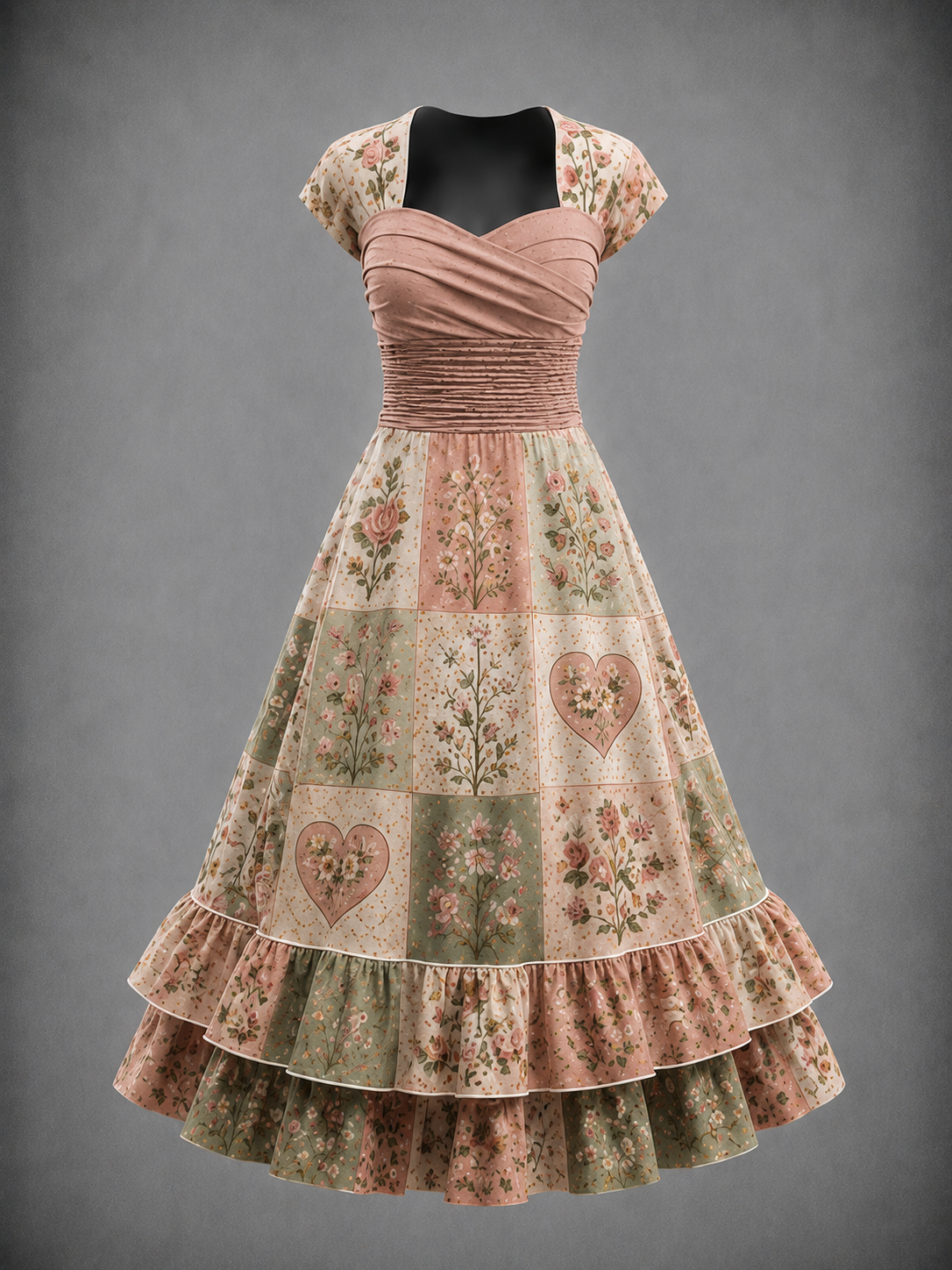 Floral Art Print Vintage Short Sleeve Midi Dress