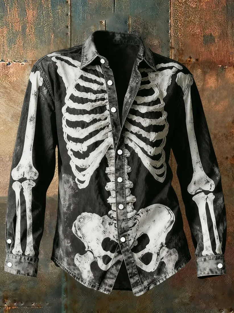 Skeleton Art Print Long Sleeve Retro Shirt