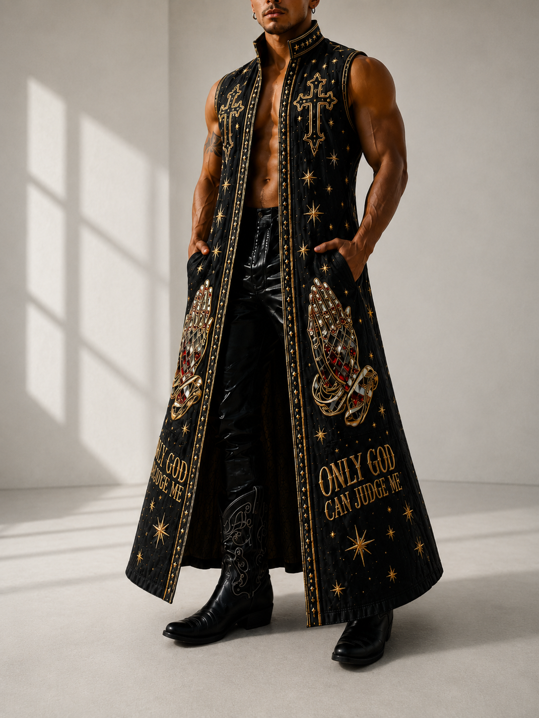 Western Style Faith Art Casual Sleeveless Stand Collar Shirt Outerwear