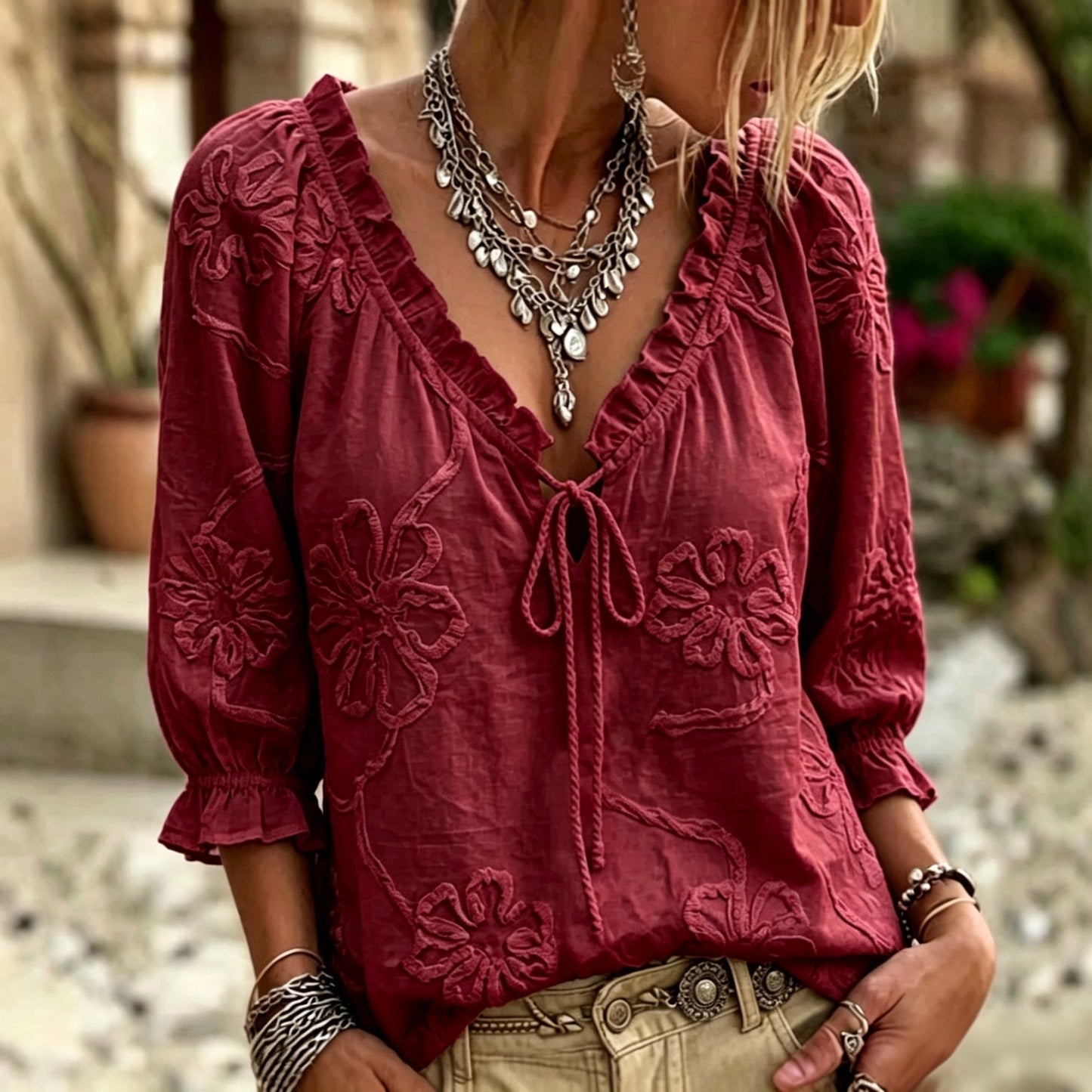 Women's Embroidery Floral Long Sleeve Blouse