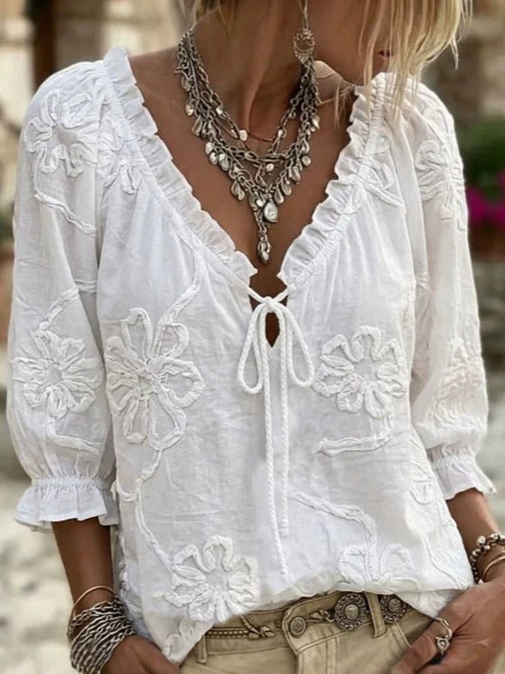 Women's Embroidery Floral Long Sleeve Blouse