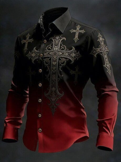 Dark-style gradient silver cross print long-sleeved shirt