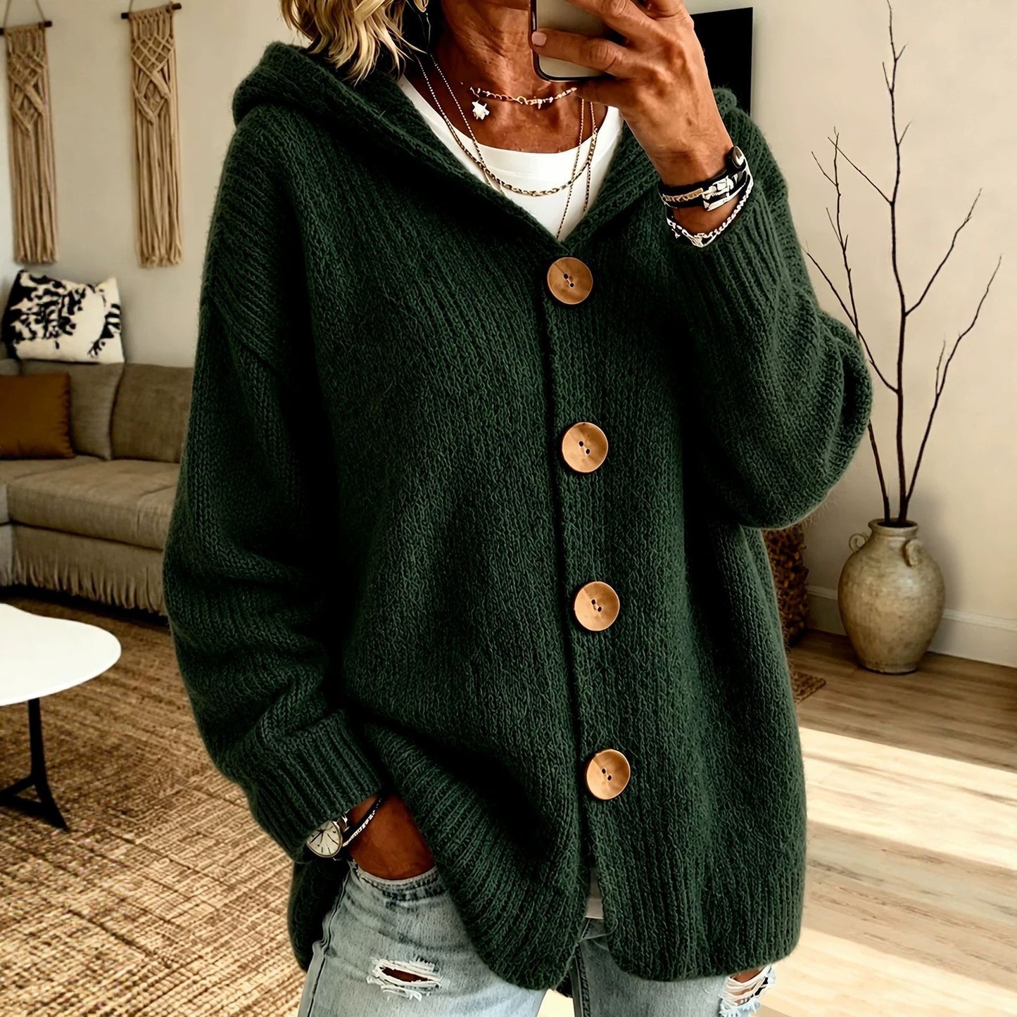 Solid Color Casual Long Sleeve Button Hooded Coat