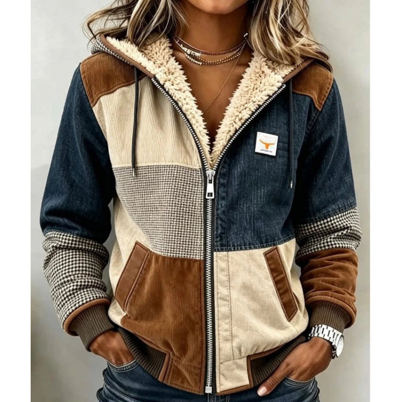 Western Style Color Block Long Sleeve Hoodie Coat