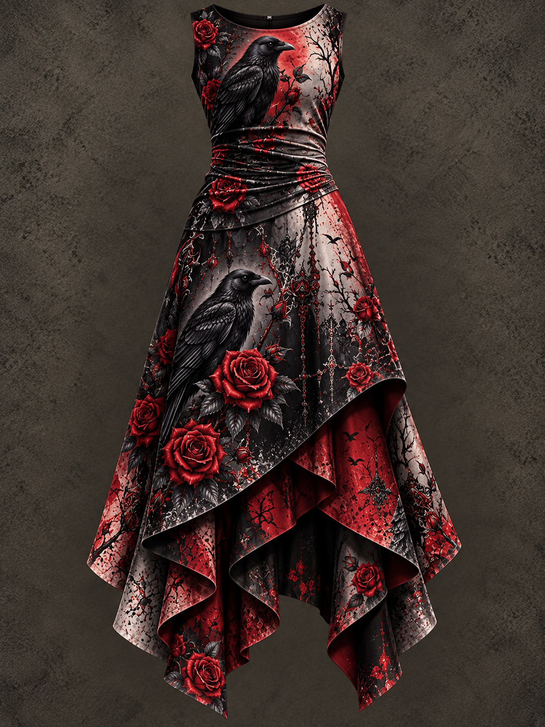 Retro Art Printed Vintage Sleeveless Irregularly Layered Stitched Midi Dress