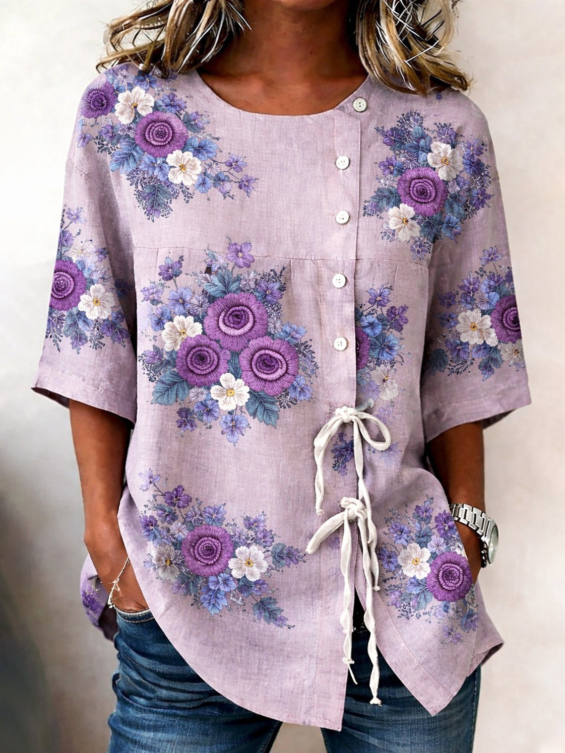 Women's Retro Purple Floral Art Print Short-Sleeve Casual Shirt
