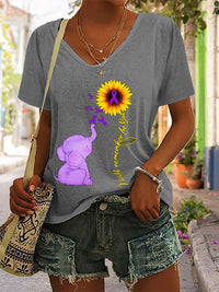 Women's Alzheimer's Sunflower and Elephant Print Short Sleeve T-Shirt