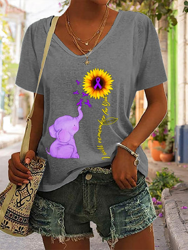 Women's Alzheimer's Sunflower and Elephant Print Short Sleeve T-Shirt