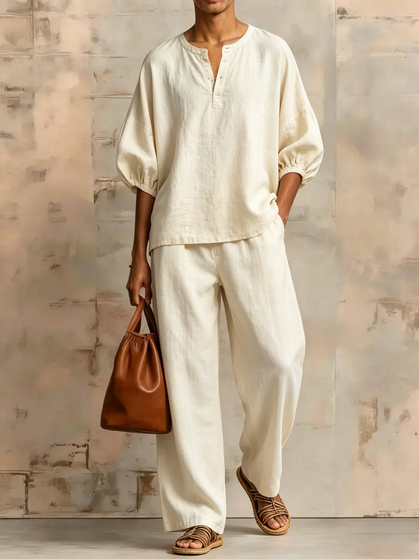 Men's Cotton-linen Blend Henley-collar Two-piece Set With Puff Sleeves