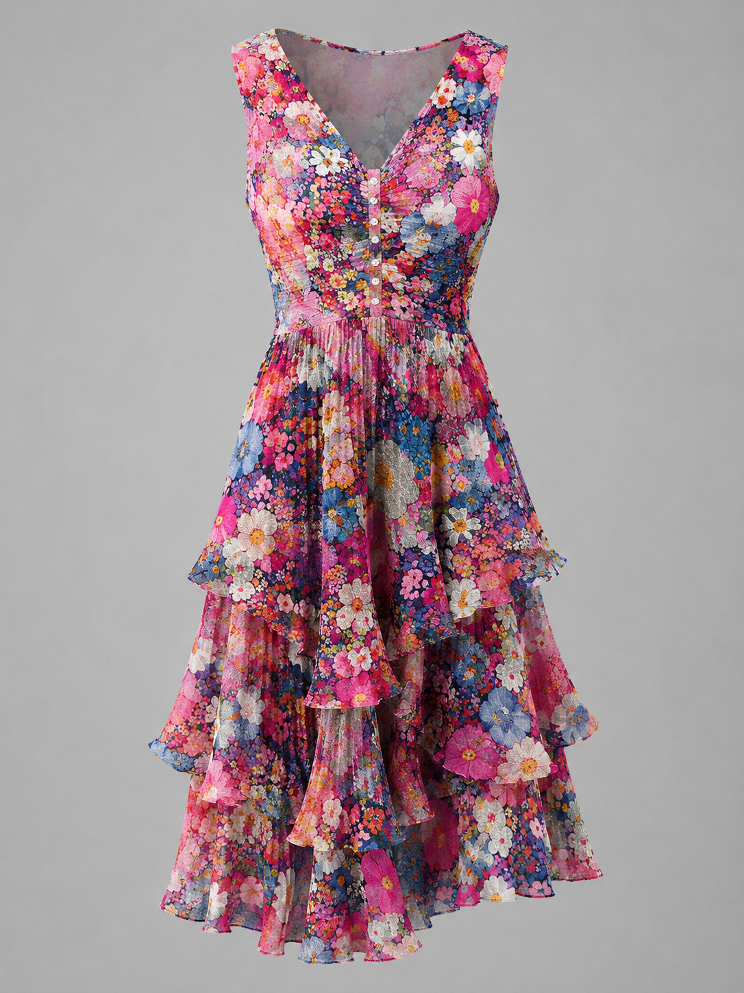 Floral Art Printed Vintage V-Neck Sleeveless Midi Dress