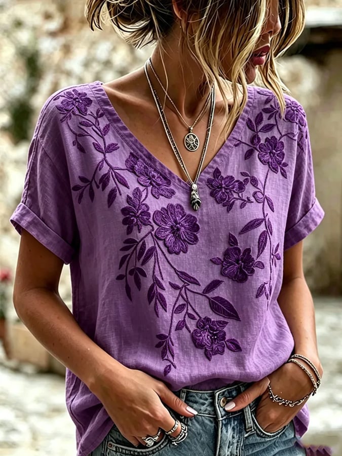 Women's Purple Floral Print T-Shirt