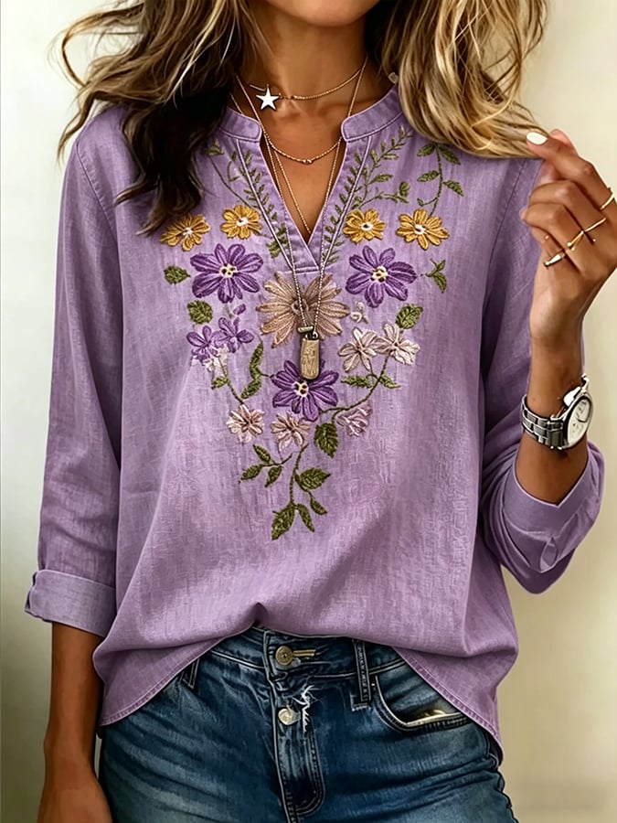 Women's Vintage Purple Floral Art Print Casual Shirt