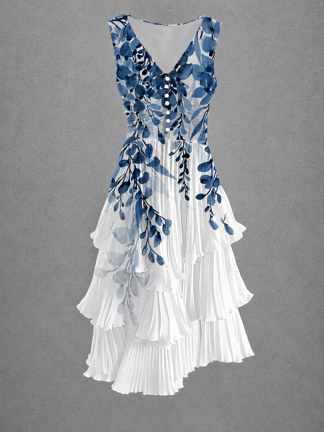 Floral Art Printed Vintage V-Neck Sleeveless Midi Dress