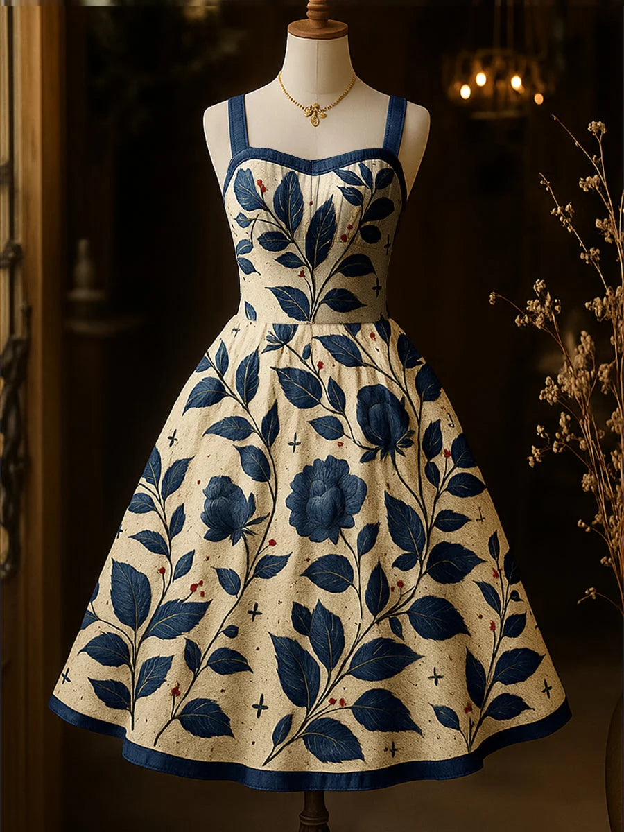 Floral Art Printed Vintage Round Neck Sleeveless Midi Dress