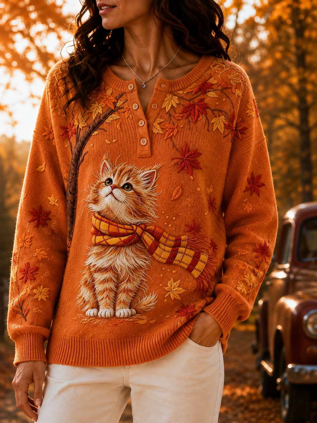 Women's Casual Print Button-Up Collar Knit Top