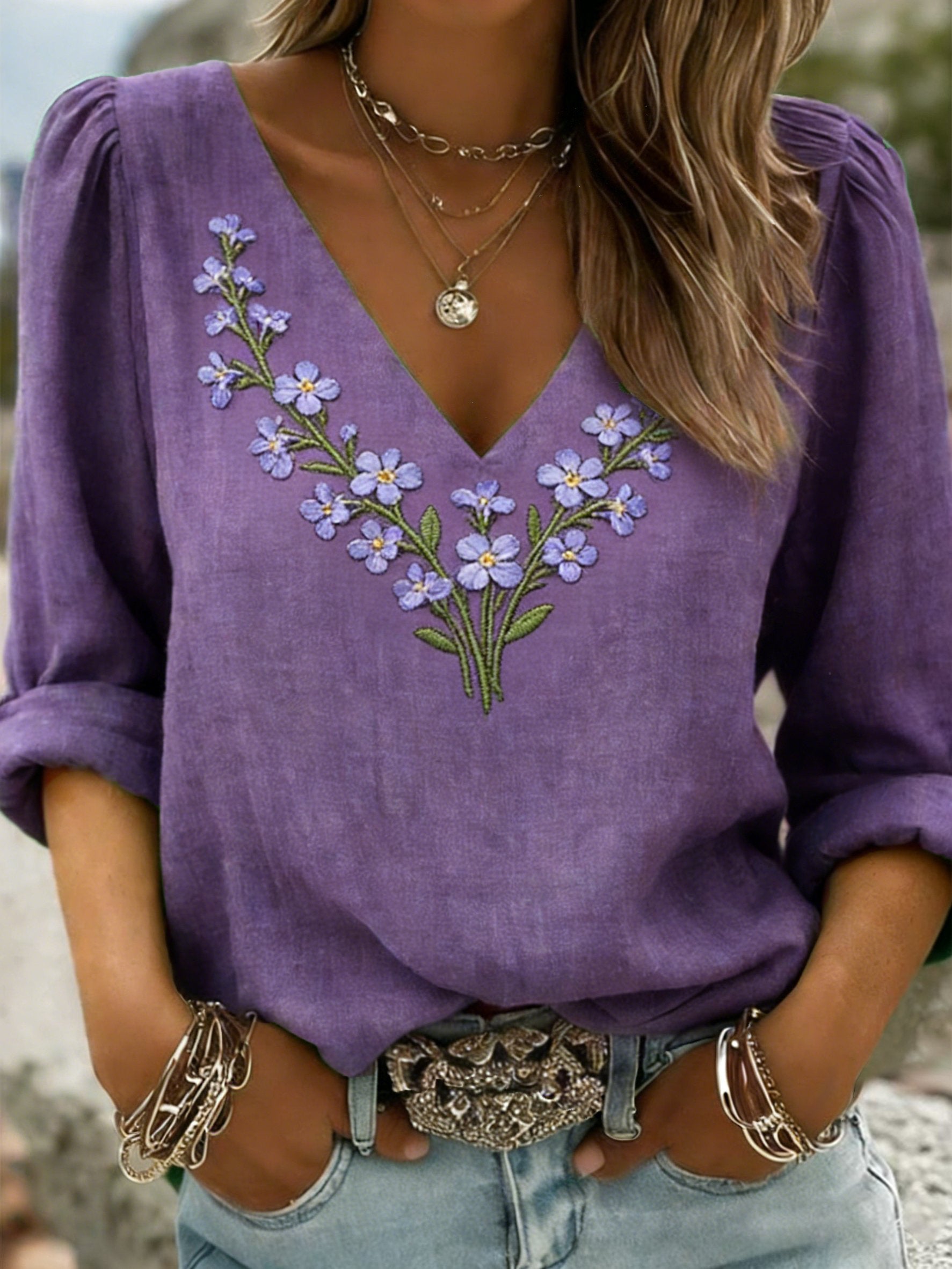 Women's Purple flowers Print V-Neck Shirt