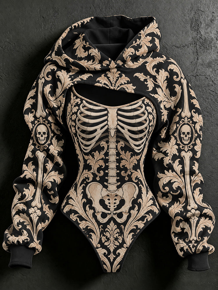 Women's Halloween Skeleton Floral Plant Print Hoodie Two-piece Set
