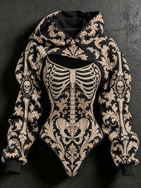 Women's Halloween Skeleton Floral Plant Print Hoodie Two-piece Set