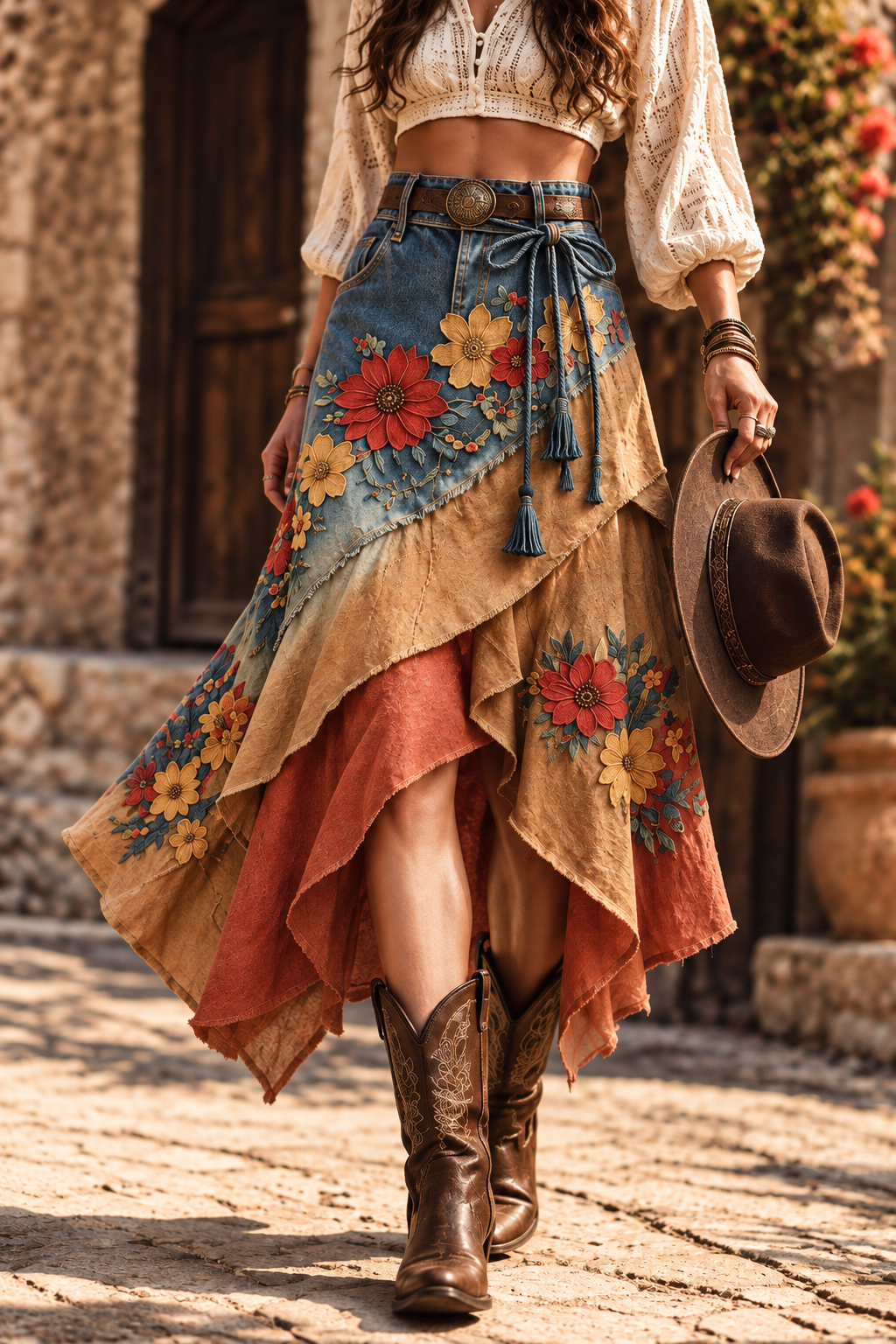 Women's Retro Style Art Print Irregularly Layered Stitched Skirt