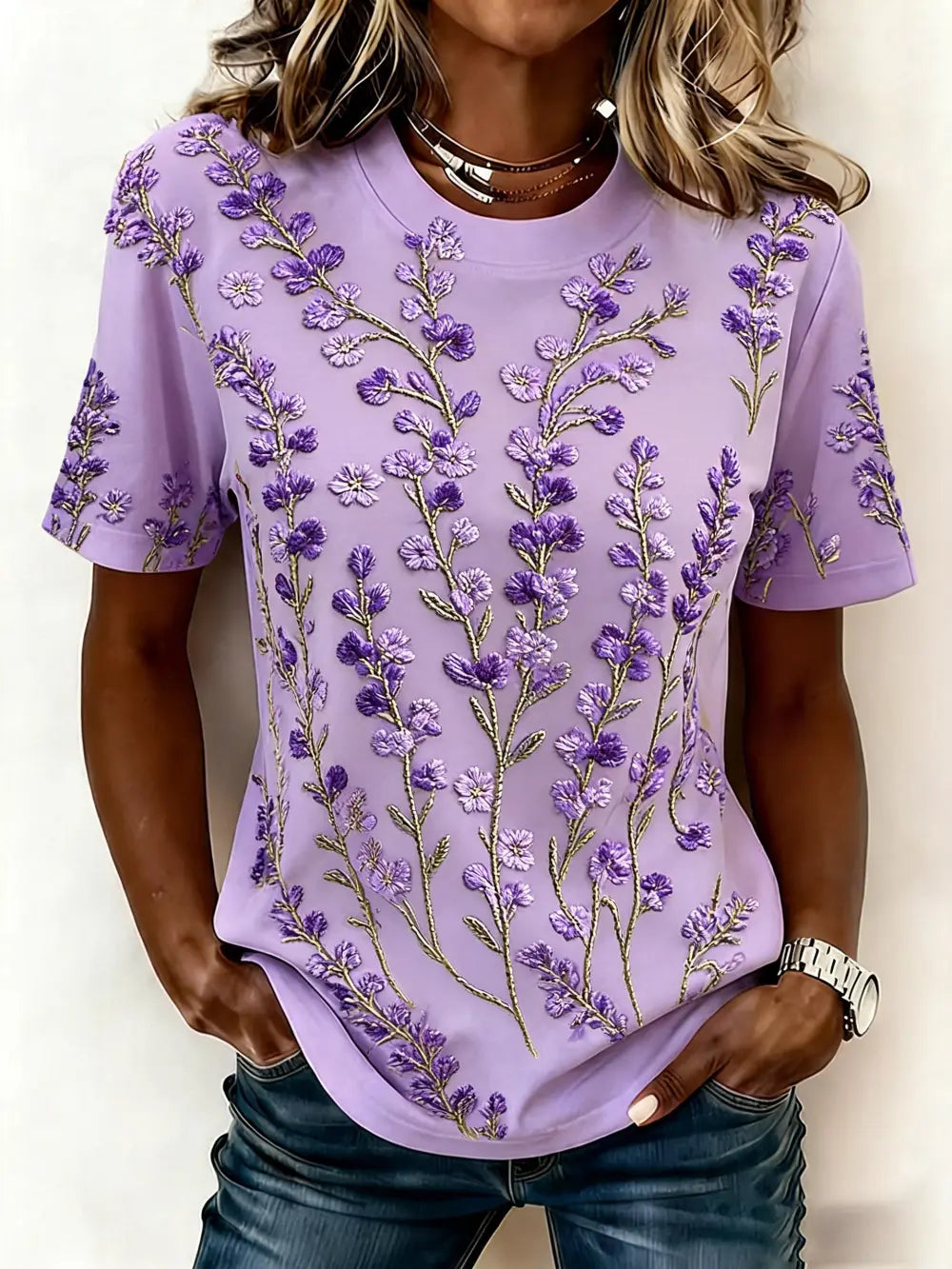 Women'S Casual Purple Floral Art T-Shirt