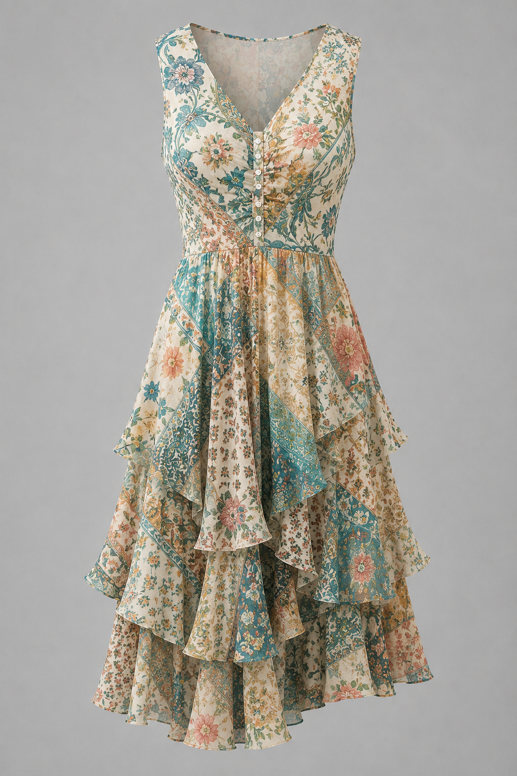 Floral Art Printed Vintage V-Neck Sleeveless Midi Dress