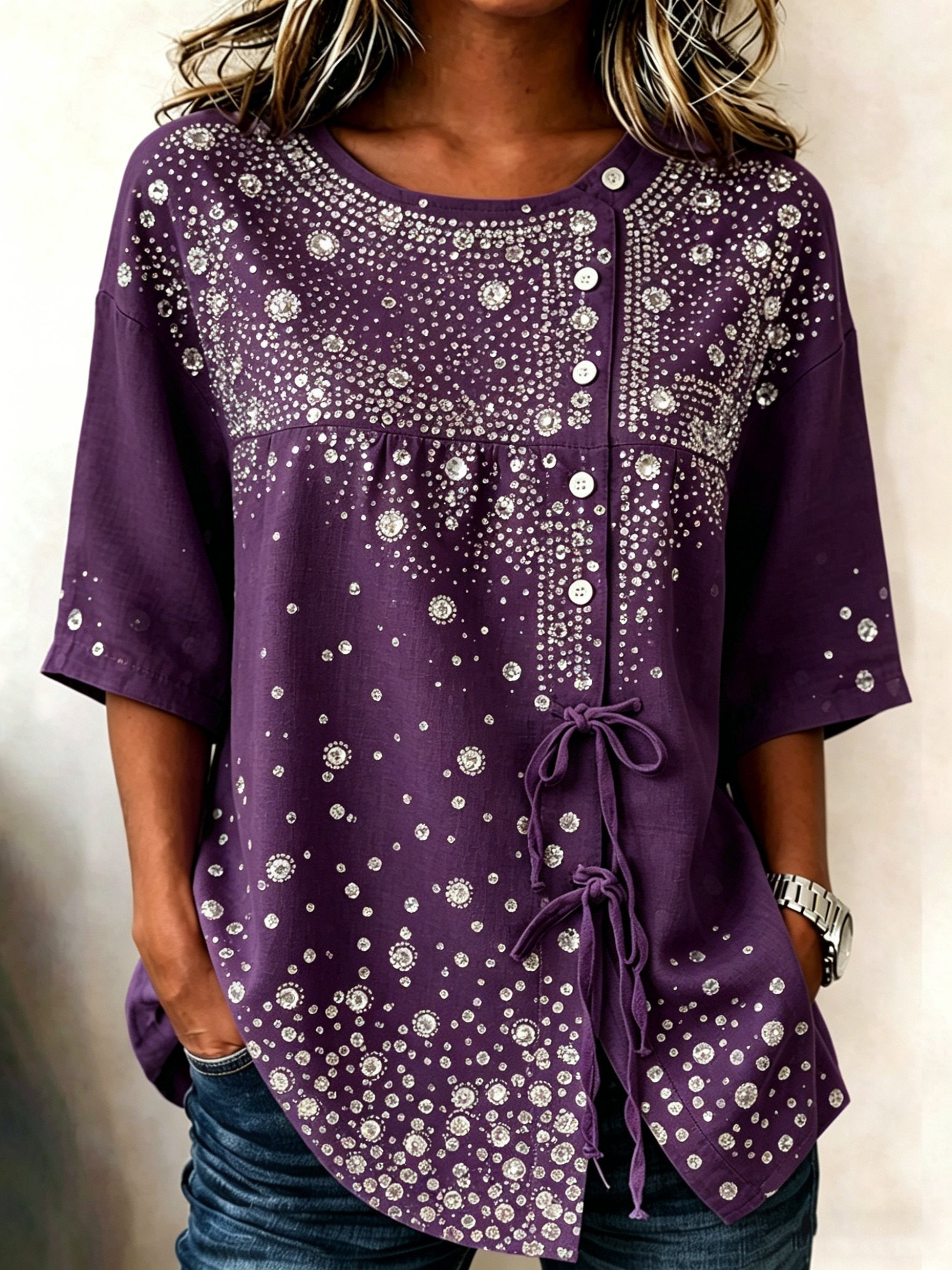 Women's Retro Purple Art Print Short-Sleeve Casual Shirt