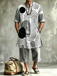 Men's Abstract Geometric Art Print Casual Henley Collar Short-sleeve Linen Top Shorts Two-piece