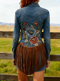 Cowboy Blue Floral Embroidery National Flag Logo Tassel Western Dress