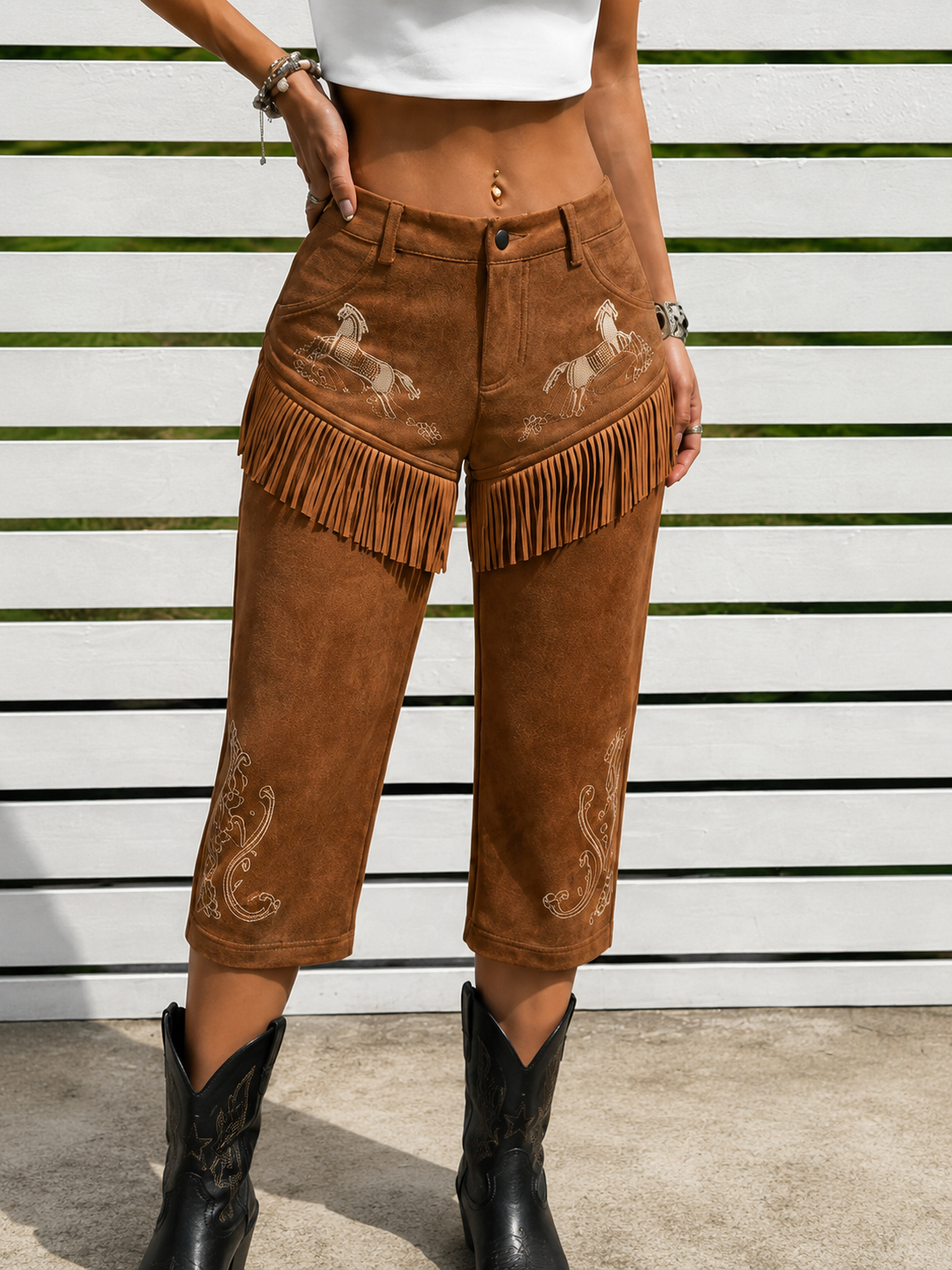 Retro Art Print Western Style Fringe Pants