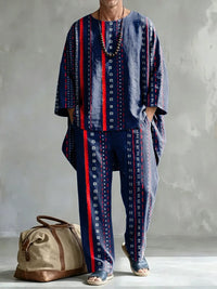 Men's Fashionable Stripes Print Casual Comfort Crew Neck Top And Pants Two-piece Set