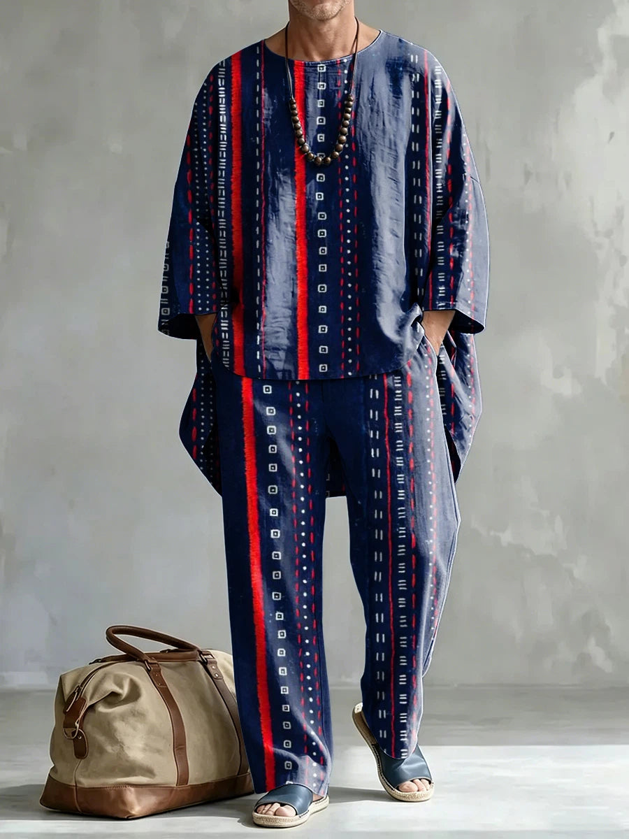 Men's Fashionable Stripes Print Casual Comfort Crew Neck Top And Pants Two-piece Set