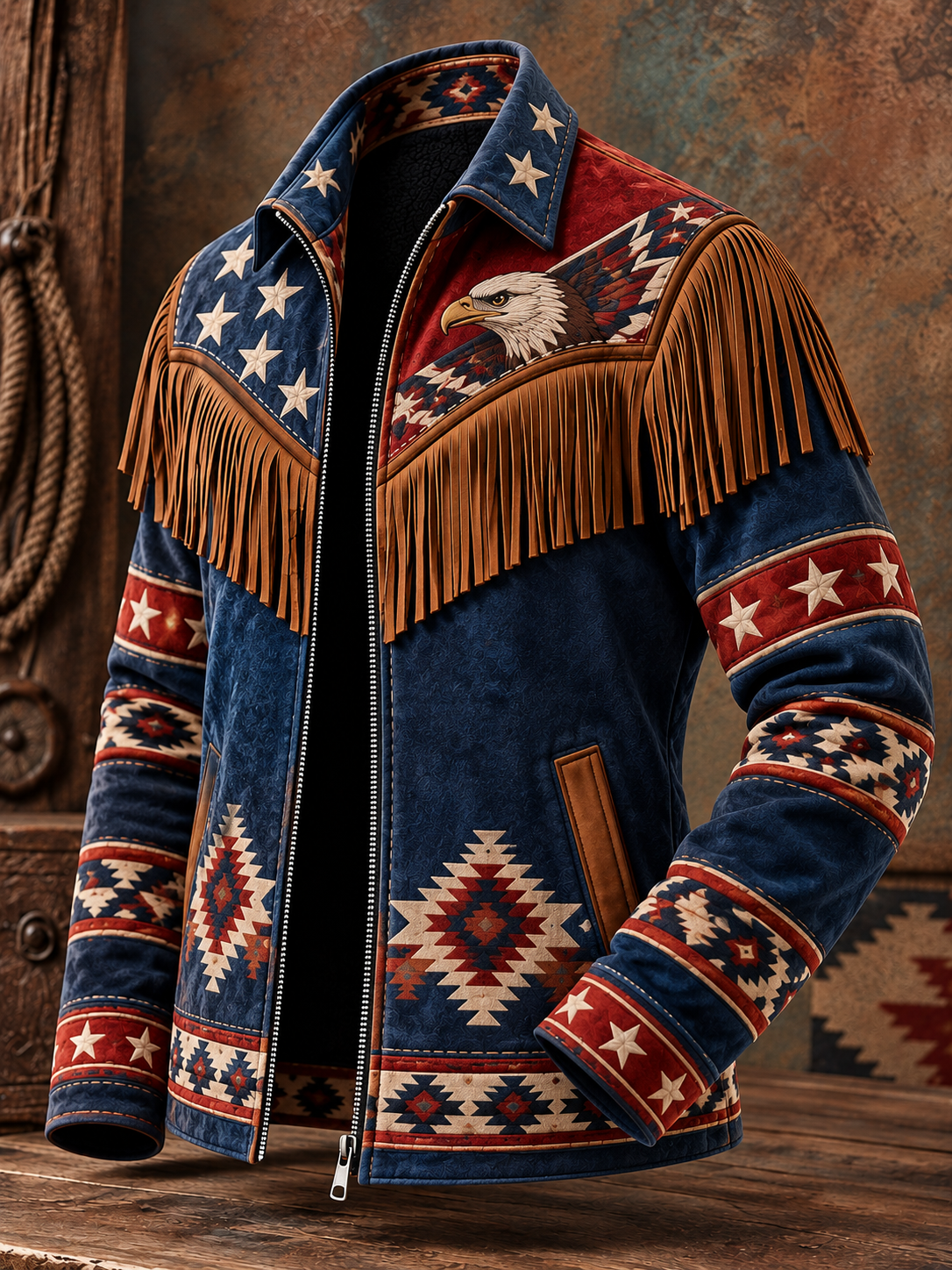 Men's Western Style Art Print Vintage Long Sleeve Fringe Jacket