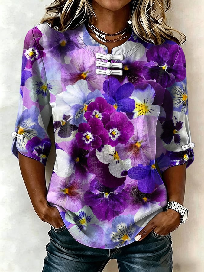 Women's Casual Retro Purple Artistic Frog-button Shirt