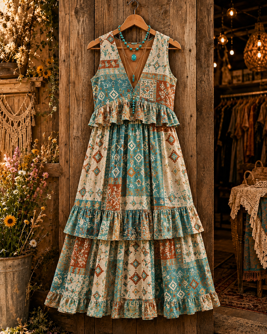 Floral Art Printed Vintage V-Neck Sleeveless Midi Dress