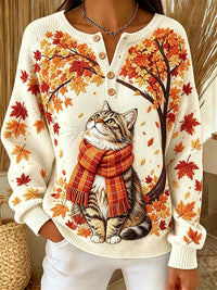 Women's Casual Print Button-Up Collar Knit Top