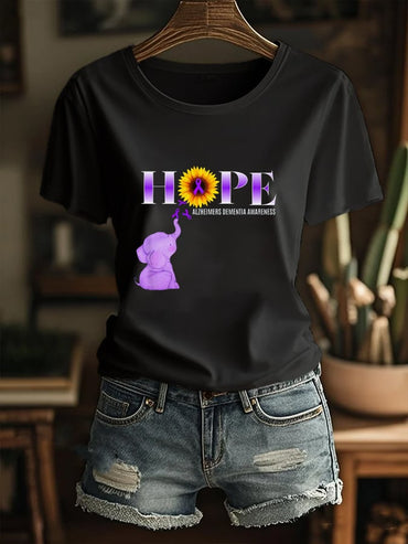 Women's “Alzheimers Awareness Ribbon Purple Elephant” Design Printed Crew Neck T-Shirt