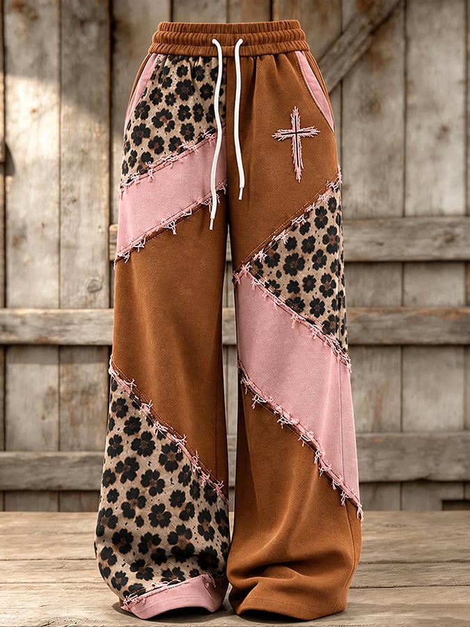 Women'S Retro Leopard Print Cross Print Pants With Patchwork Design