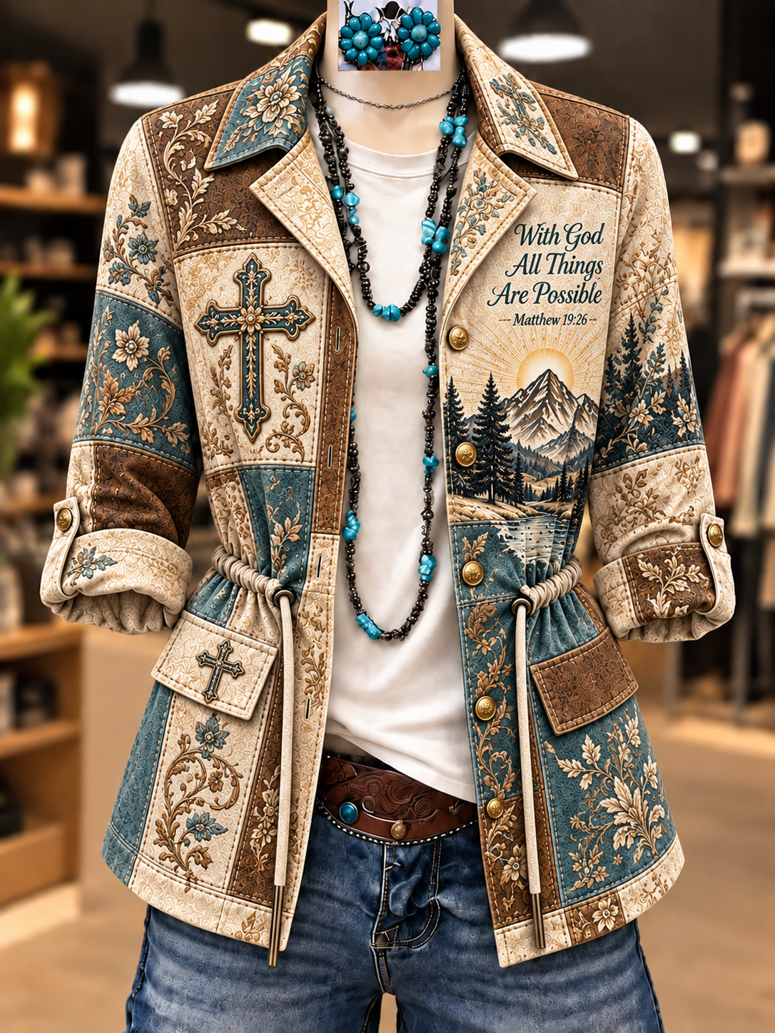 Women's Faith Art Print Long Sleeve Drawstring Waist Jacket