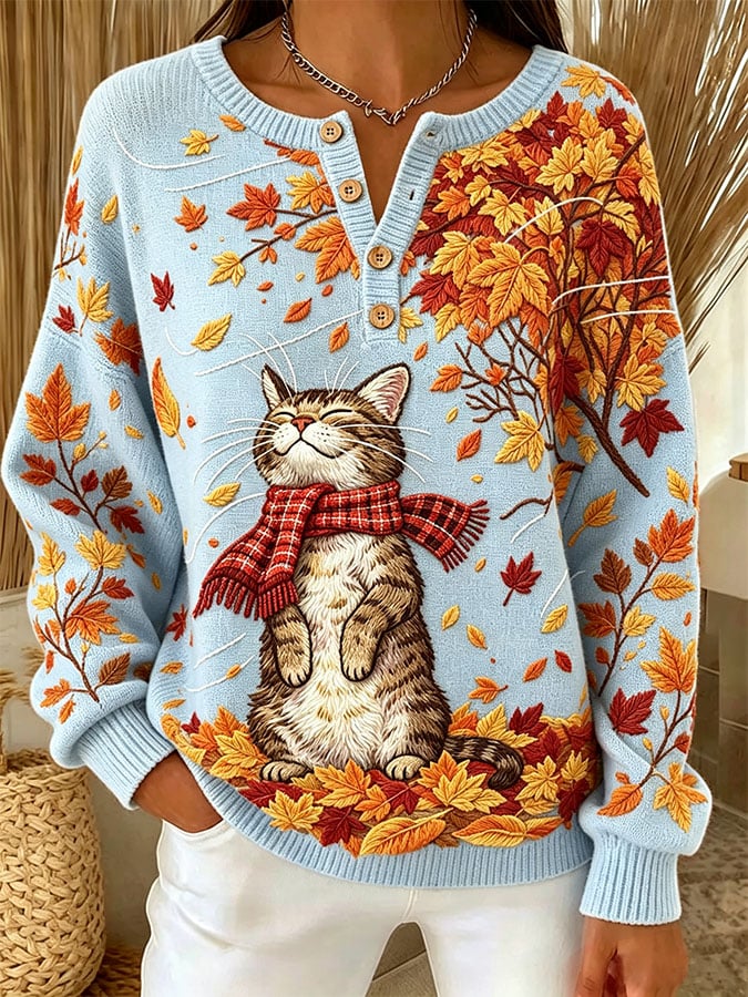 Women's Casual Print Button-Up Collar Knit Top