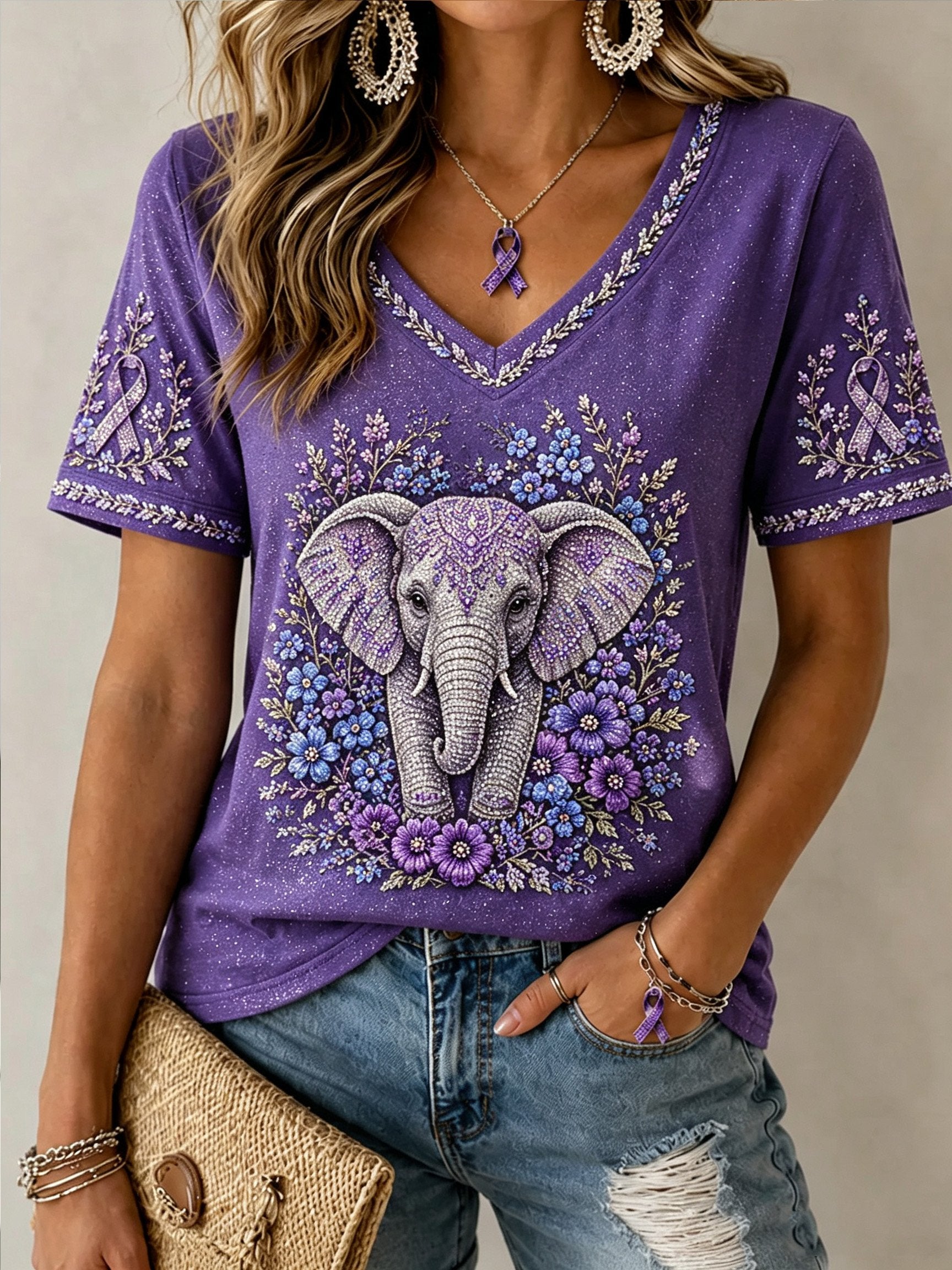 Women's Purple Floral Print V-Neck Top