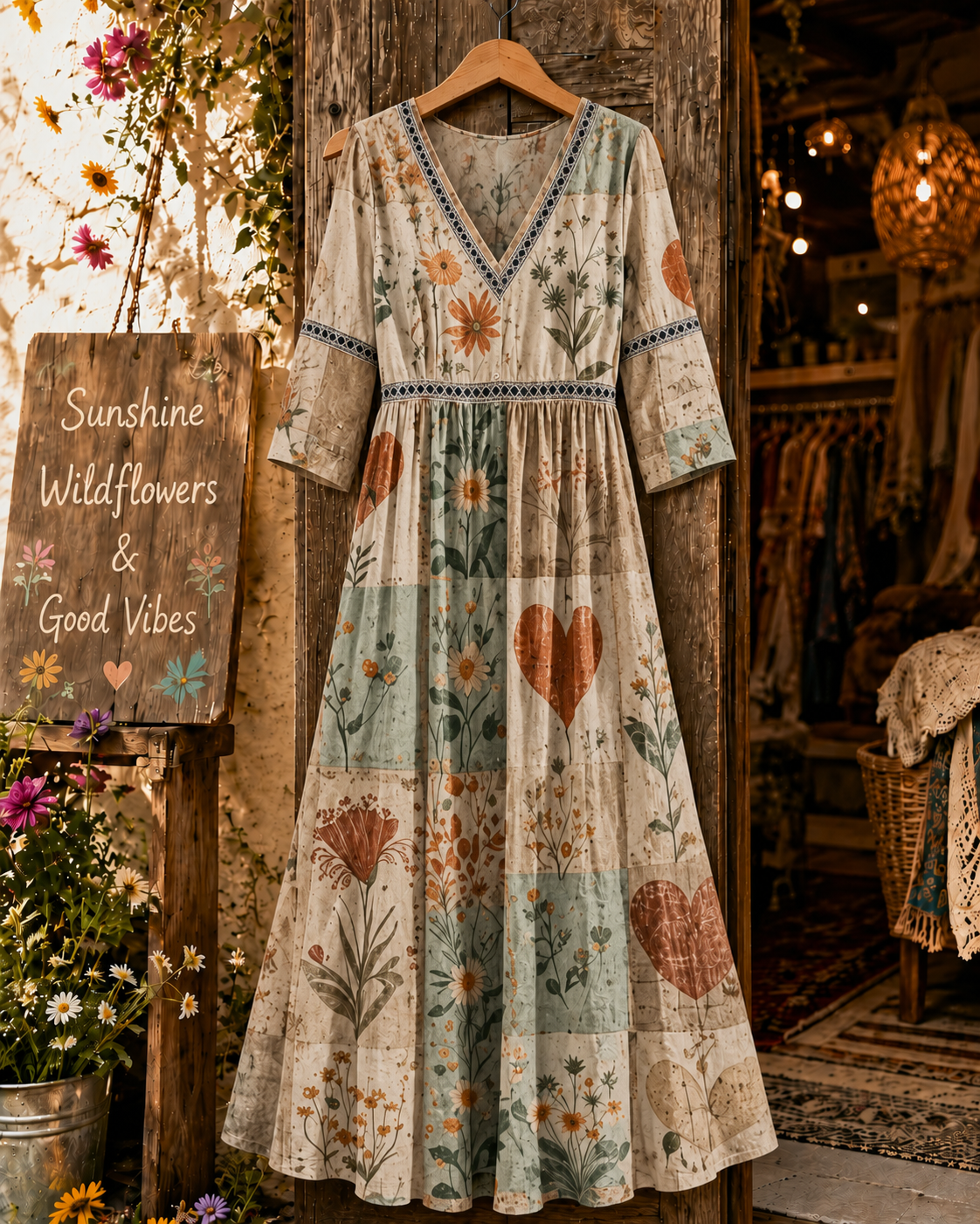 Retro Floral Art Print V-Neck Western Dress