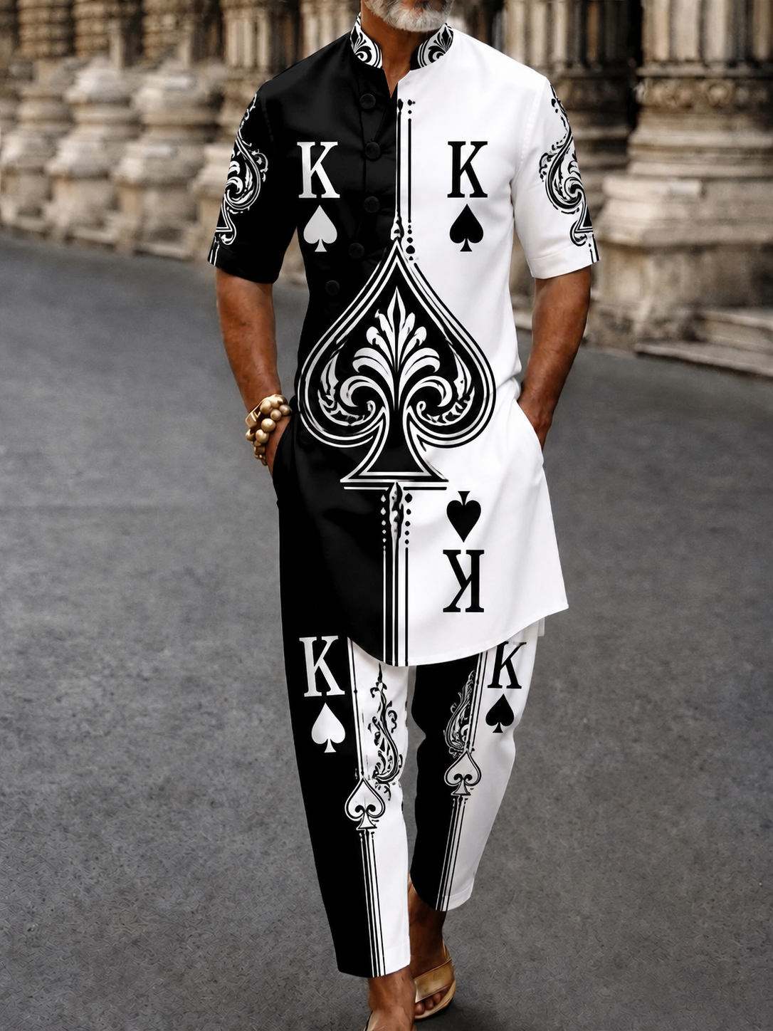 Men's Poker Card Art Casual Vacation Cotton Shirt Set