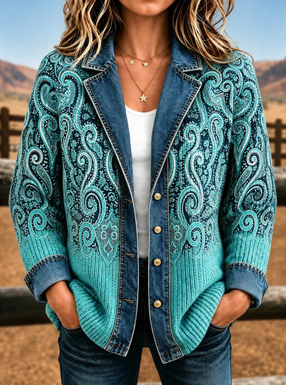 Western Style Floral Art Print Long Sleeve Vintage Jacket