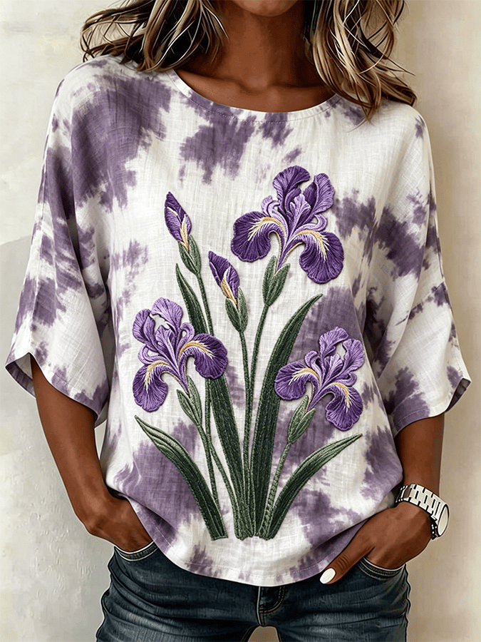 Women's Alzheimer's Purple Floral Print Cotton Linen Casual Top
