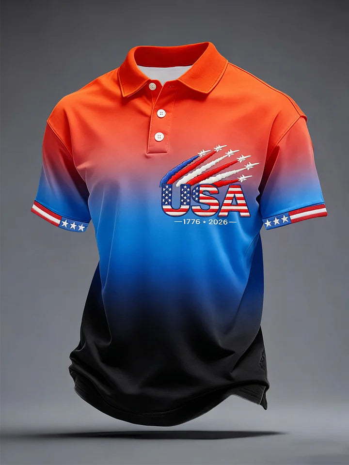 Retro USA Flag Business Style Art Printed Retro Round Neck Short Sleeves Polo-Shirt