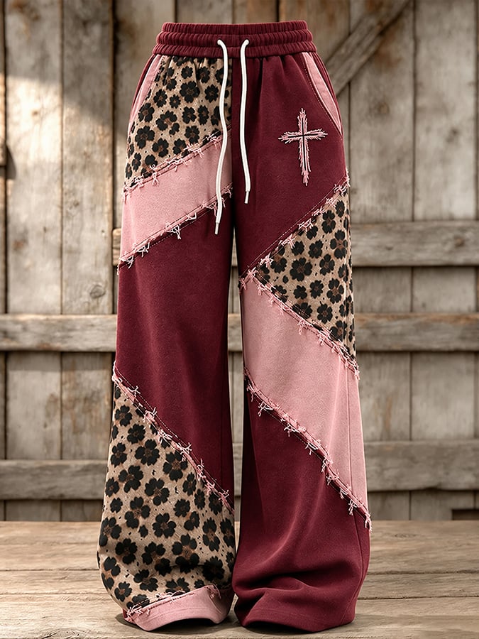 Women'S Retro Leopard Print Cross Print Pants With Patchwork Design