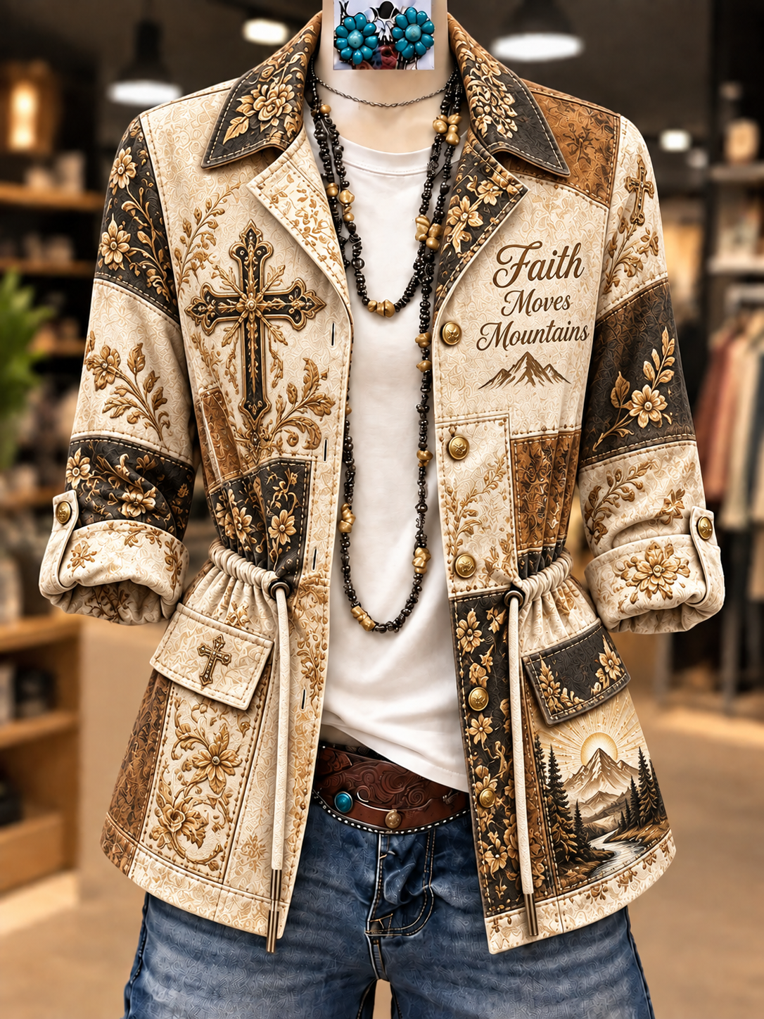 Women's Faith Art Print Long Sleeve Drawstring Waist Jacket